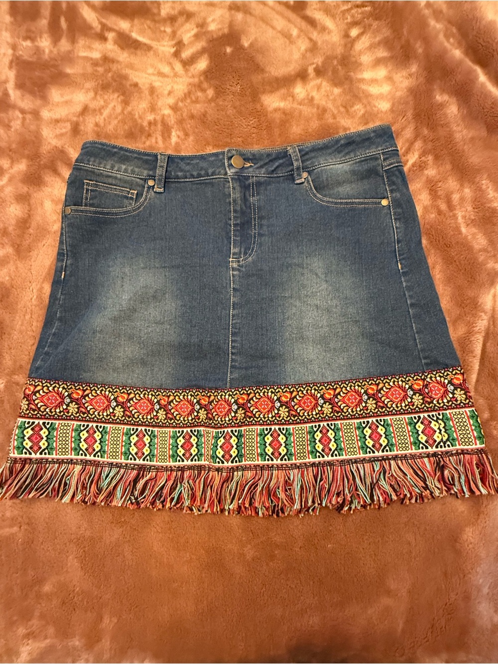 Blue Denim Mini Skirt with Embroidered Multicolor Fringe Trim